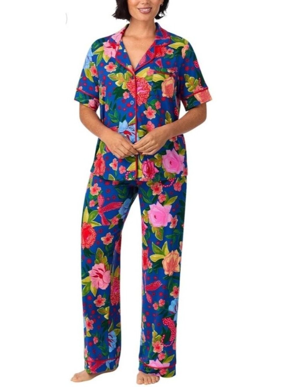 Room Service Womens Floral Pajama Set Blue & Red Short Sleeve Button-Up Size S